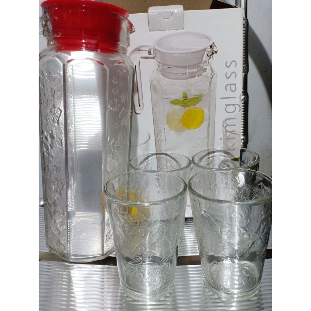 1 Set Jug Pitcher With Lid / 4 Gelas Dan 1 Jug / Jug Motif Bunga / Pitcher Kaca / Pitcher Beling