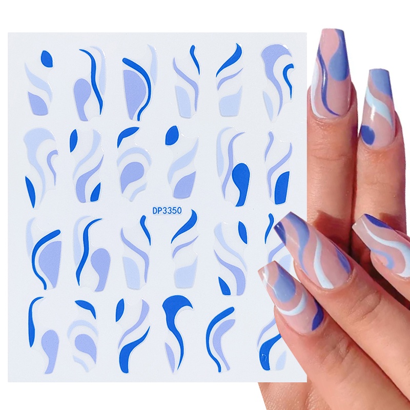 Stiker Kuku 3D Motif Garis Gelombang Warna Biru Putih Untuk Dekorasi Nail Art