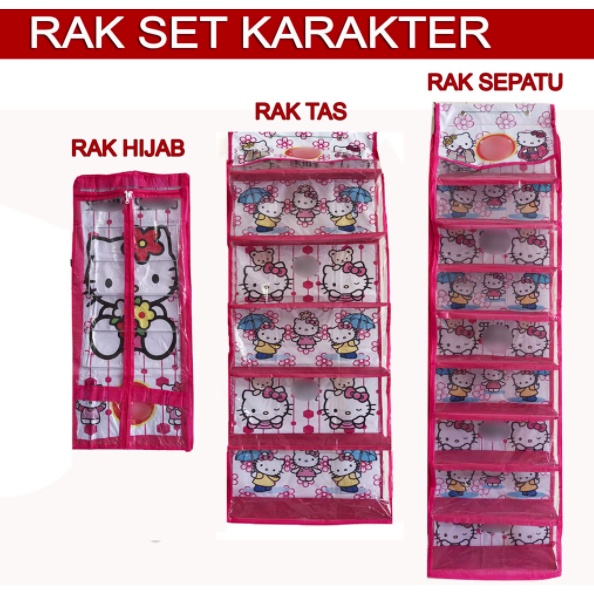 Rak Set Gantung 3in1 Karakter (HBO+HSO+HJO) / Rak Tas + Sepatu + Hijab