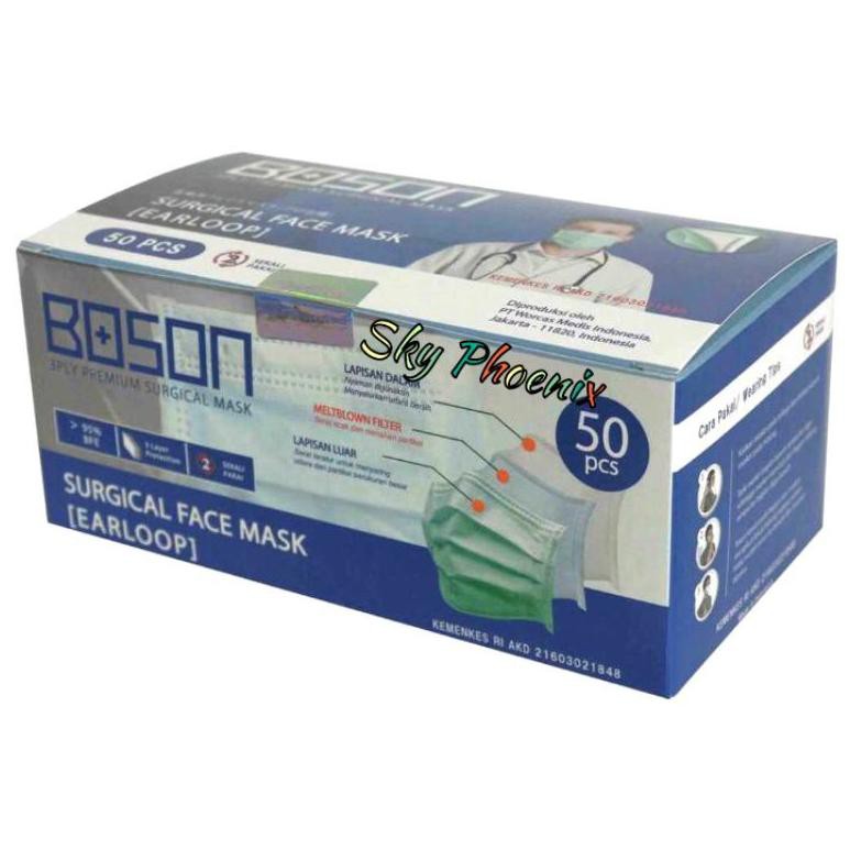 Qo8> Masker Boson Surgical Mask Earloop Isi 50 Lembar Home Am1>