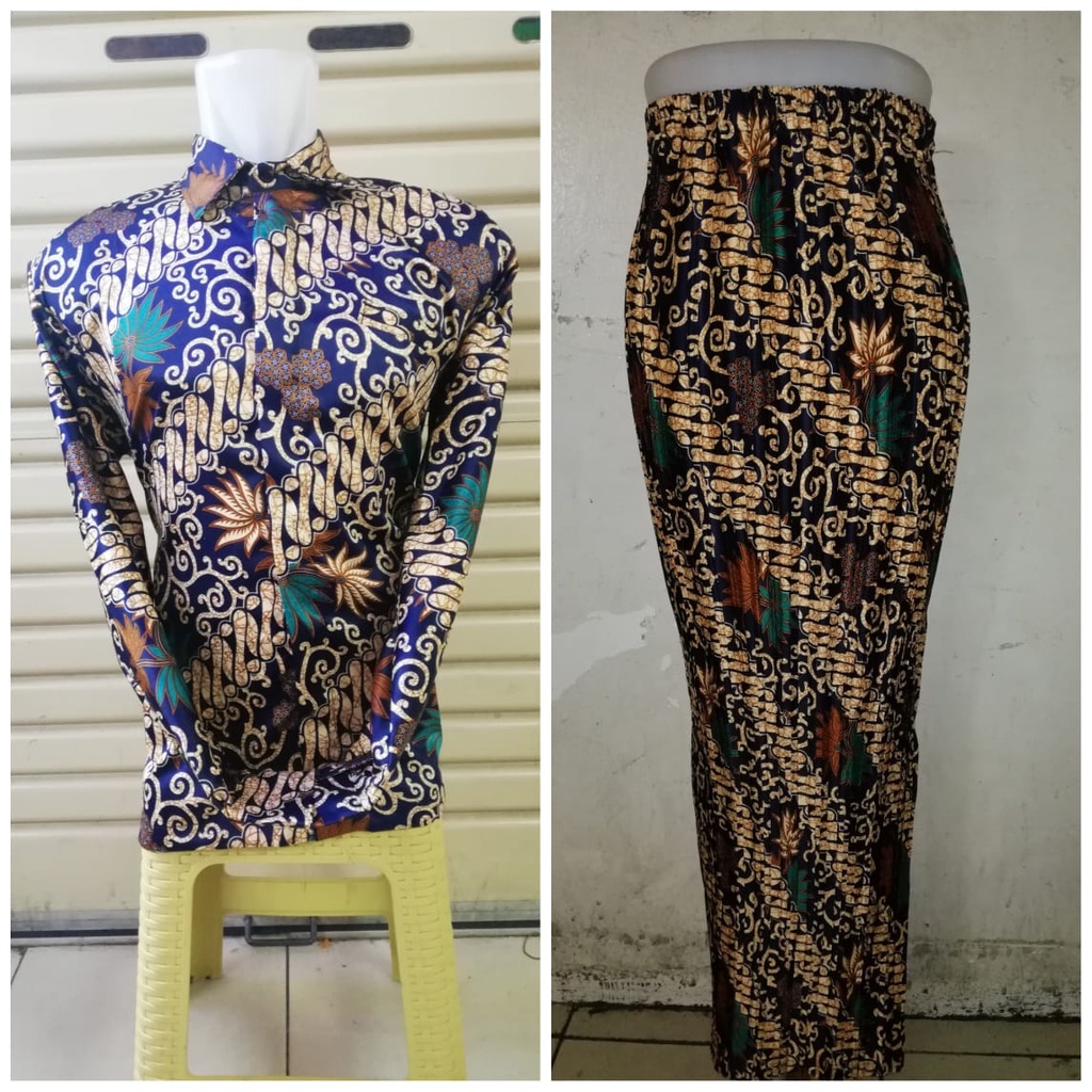Setelan Couple Rok Plisket Bawahan Kebaya Dan Kemeja Panjang Rambat