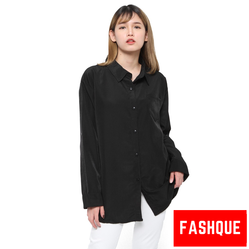Kemeja Wanita Jumbo Lengan Panjang Polos Casual Oversize Terbaru Murah Kekinian - 0064-HITAM
