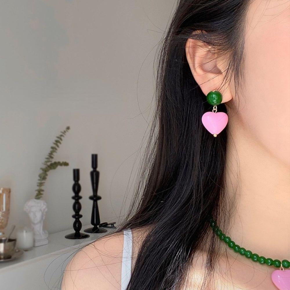 Needway  Sweet Korean Style Necklace Niche Bead Neck Chain Love Heart Earrings Necklace Design Sense Women Jewelry Clavicle Chain Great Gift Fashion Jewelry Girl Pink Heart Earrings