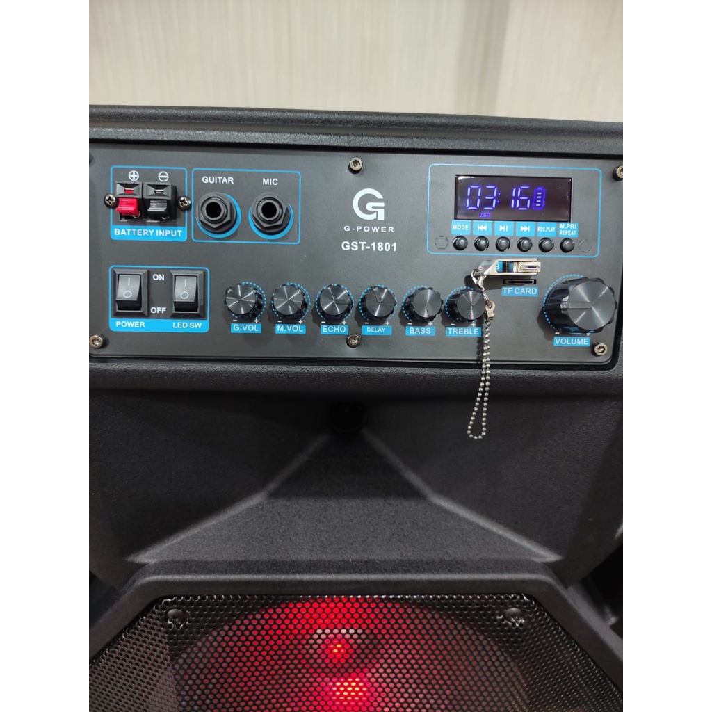 G-POWER PROFESIONAL PORTABLE BATTERY SPEAKER GST 1801 7KENOP/6 KENOP FREE 2 MICROPHONE WIRELESS