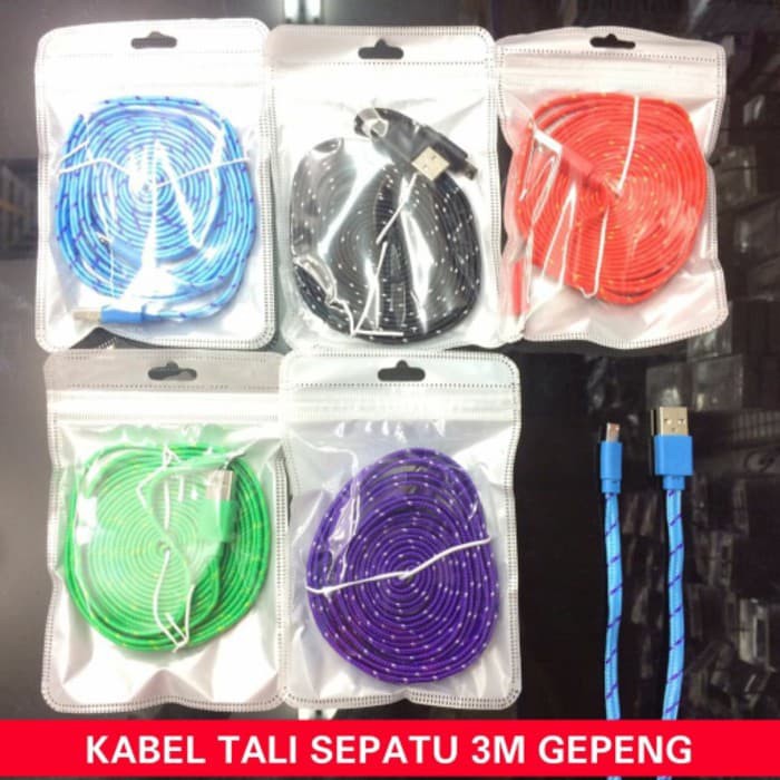 KABEL DATA TALI SEPATU 3METER GEPENG / KABEL DATA MICRO 3METER GEPENG   Grosir