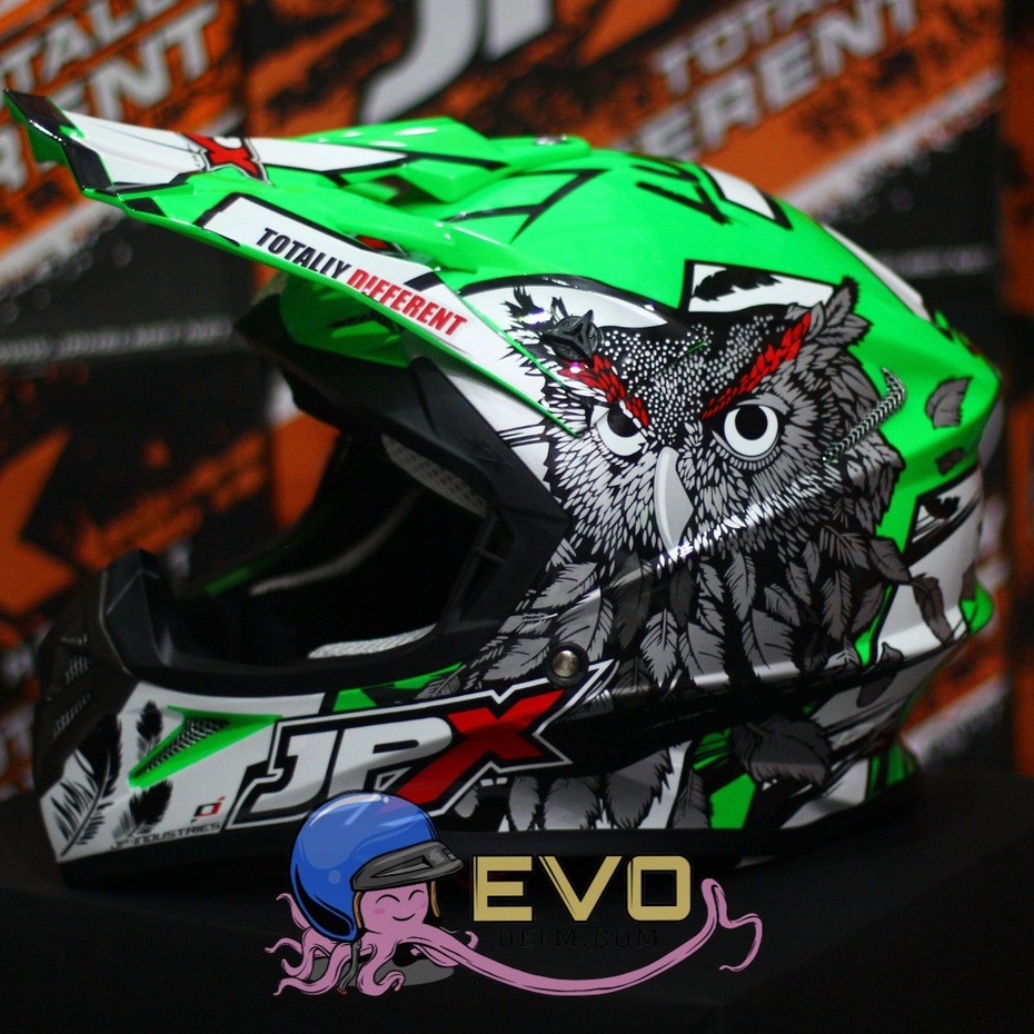 HELM JPX CROSS_FOX1 SERI X13 - FLUO GREEN GLOSS + GOOGLE SNAIL (ONGKIR 2 KG) JPX X13 OWL GREEN ORIGINAL HELM CROSS JPX MOTIF BURUNG HANTU JPX HIJAU