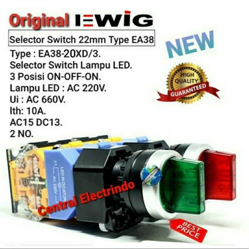 Selector Switch Lampu LED EWIG 22mm EA38-20XD/3 3Posisi ON-OFF-ON.