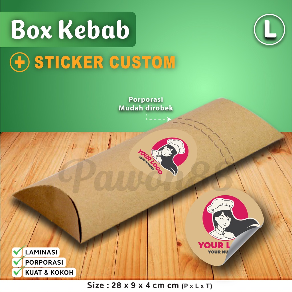 Paket Combo Box Kotak Dus KEBAB + Stiker Logo Custom (50 Set)