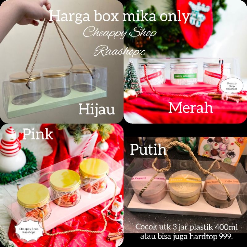 

Box Mika 3 jar 600ml Box Mika 3 toples hardtop 999 Box Natal cookies Box Lebaran Cookies Box Imlek Cookies Box 3 jar 500ml Box Mika Natal Box Mika Cake Roll Box Mika Bolu Gulung Dus Kuker Natal Kotak Kue Lebaran