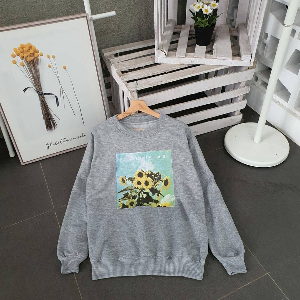 Vintage Sun Flower Sweater-Sweatshirt Cewek Cowok Crewneck Oblong Gaya Casual