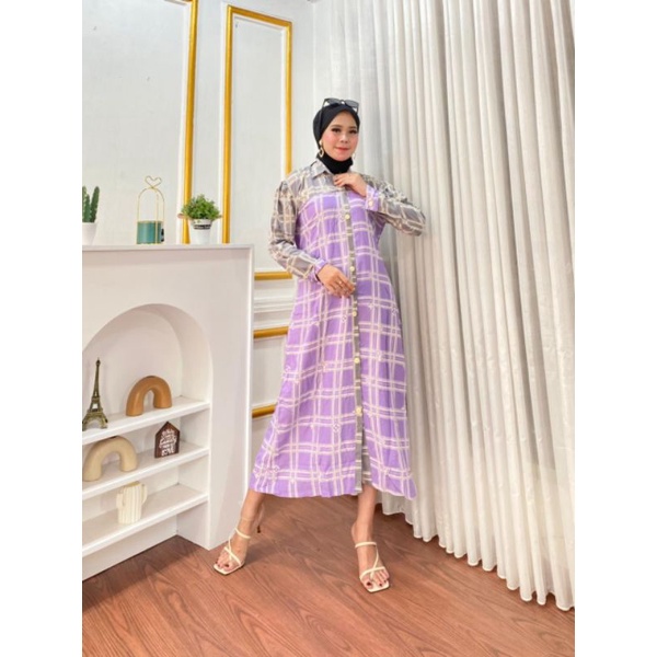 DRESS PANJANG MOTIF KOTAK BAJU VIRAL MIDI DRESS RAYON KANCING DEPAN