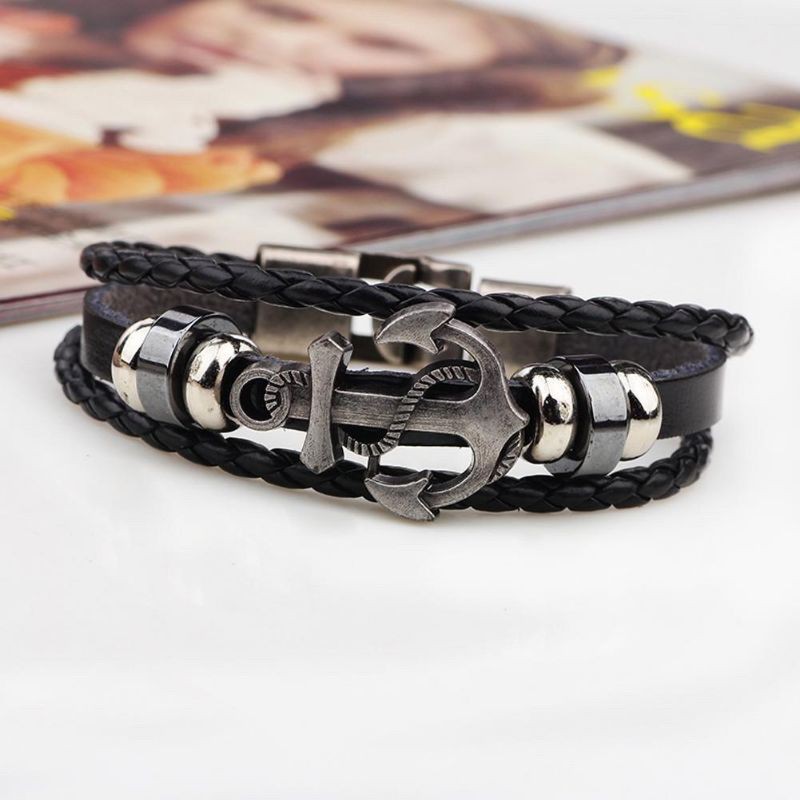 Vintage Men's Metal Anchor Steel Studded Surfer Leather Bangle Cuff Bracele