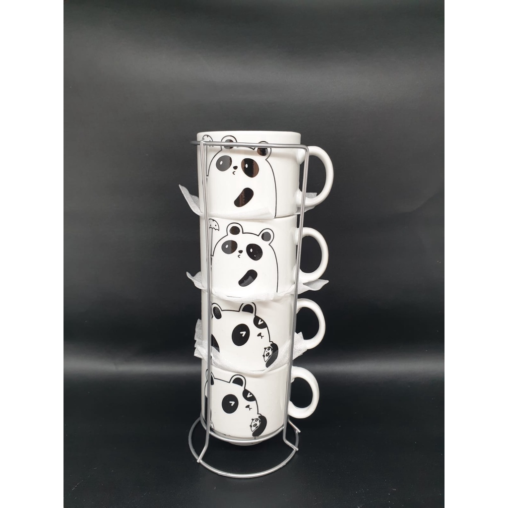 BABEE MUG KERAMIK SET 4 SUSUN SIZE S / CANGKIR GELAS 4 SUSUN BANYAK MOTIF / MUG TEH KOPI / KADO UNIK-Panda