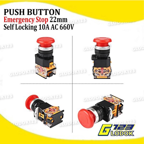 Push Button Emergency Stop Self Locking Switch 22 mm Tombol Darurat