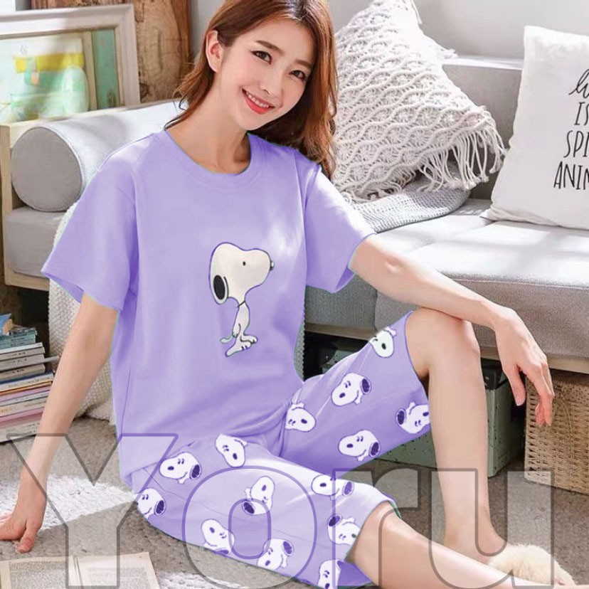Pamelo.id Stelan C3/4 Baby Doll / Suplier Sleep Wear / Baju Tidur Wanita kaos Katun / Stelan Baju Tidur Murah Produk Terlaris Set HP-C3/4 Snopii Ungu