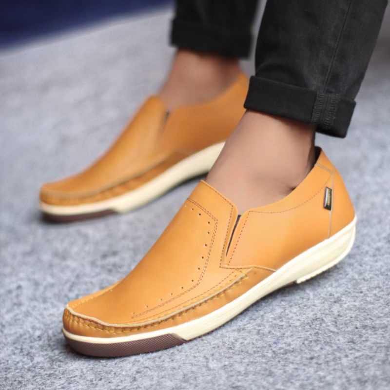 ENOZSTORE - Sepatu Pantofel Kasual Pria Kulit Asli Original Keren Bagus Slip On Casual Kerja Cowo Slop Kulit Ringan Nyaman Kuat Laki