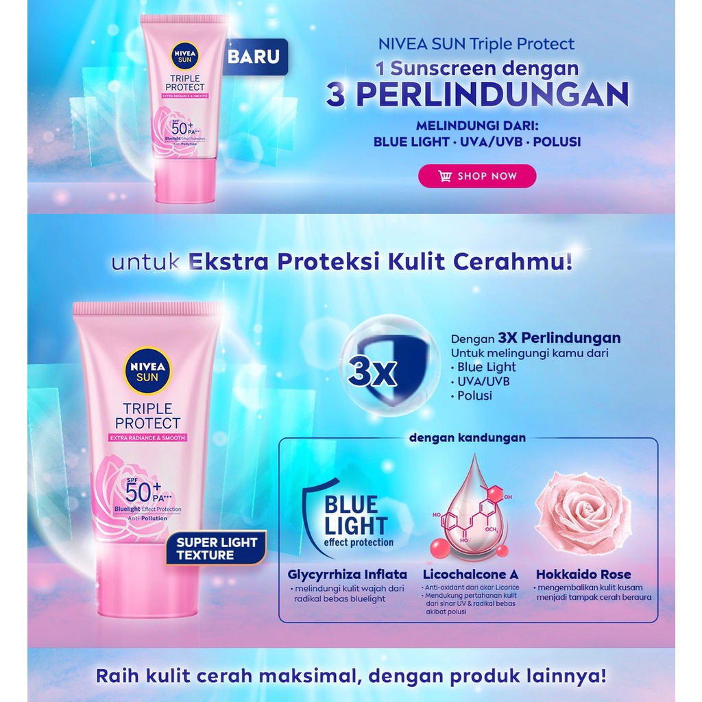 Nivea Sunscreen Wajah SPF50 PA+++ Sun Face Protect Series - Varian: Instant Aura / Oil control / C&amp;E / Triple Protect Hokkaido Rose / Anti Wrinkle Sun Serum Suncreen Nivea