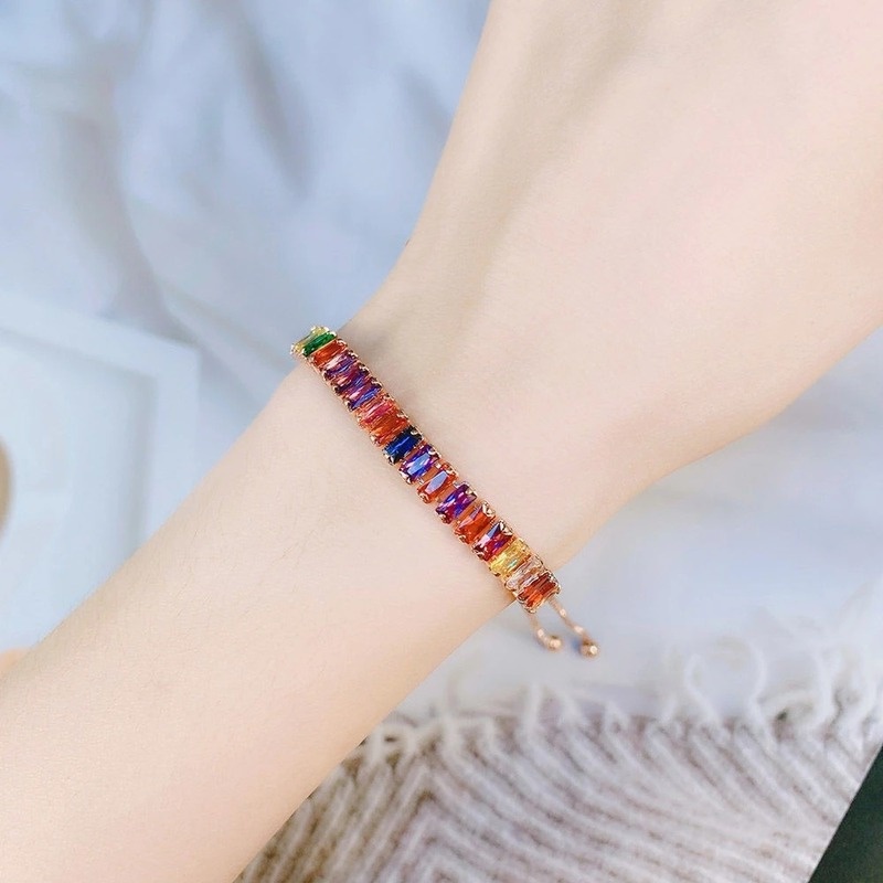 Gelang Rantai Tembaga Adjustable Hias Zirkon Warna-Warni Untuk Wanita