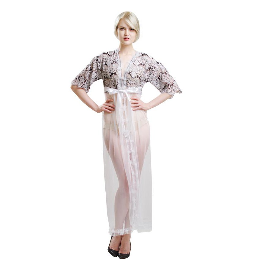 L-1061 Queen Sparkling White Long Kimono Lingerie