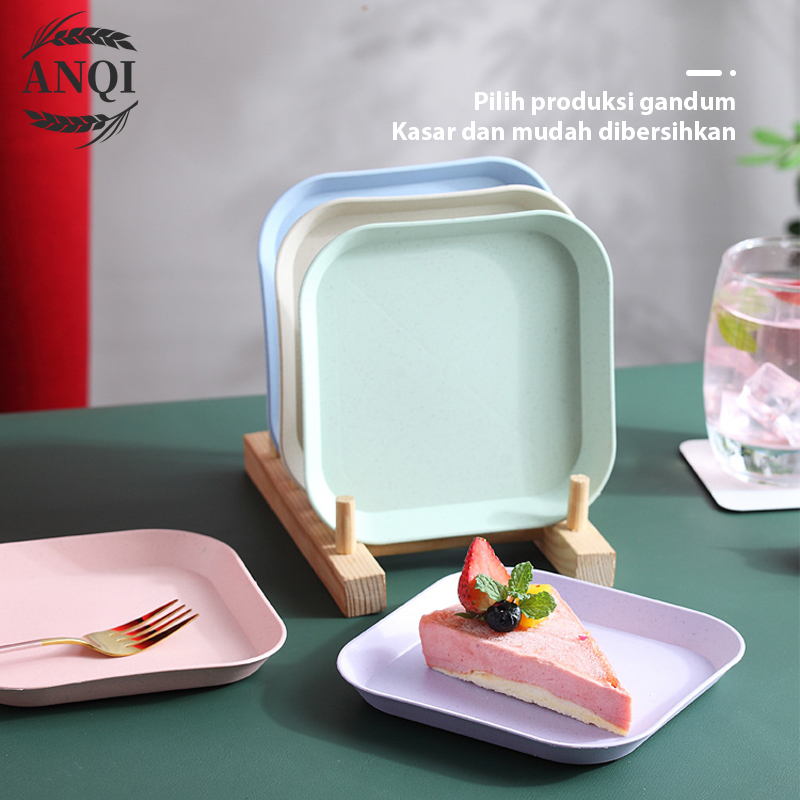 ANQI Piring Makan Bentuk Kotak Wheat Straw Square Plate Warni Set 4 In 1 Square Plate Dinner Plate