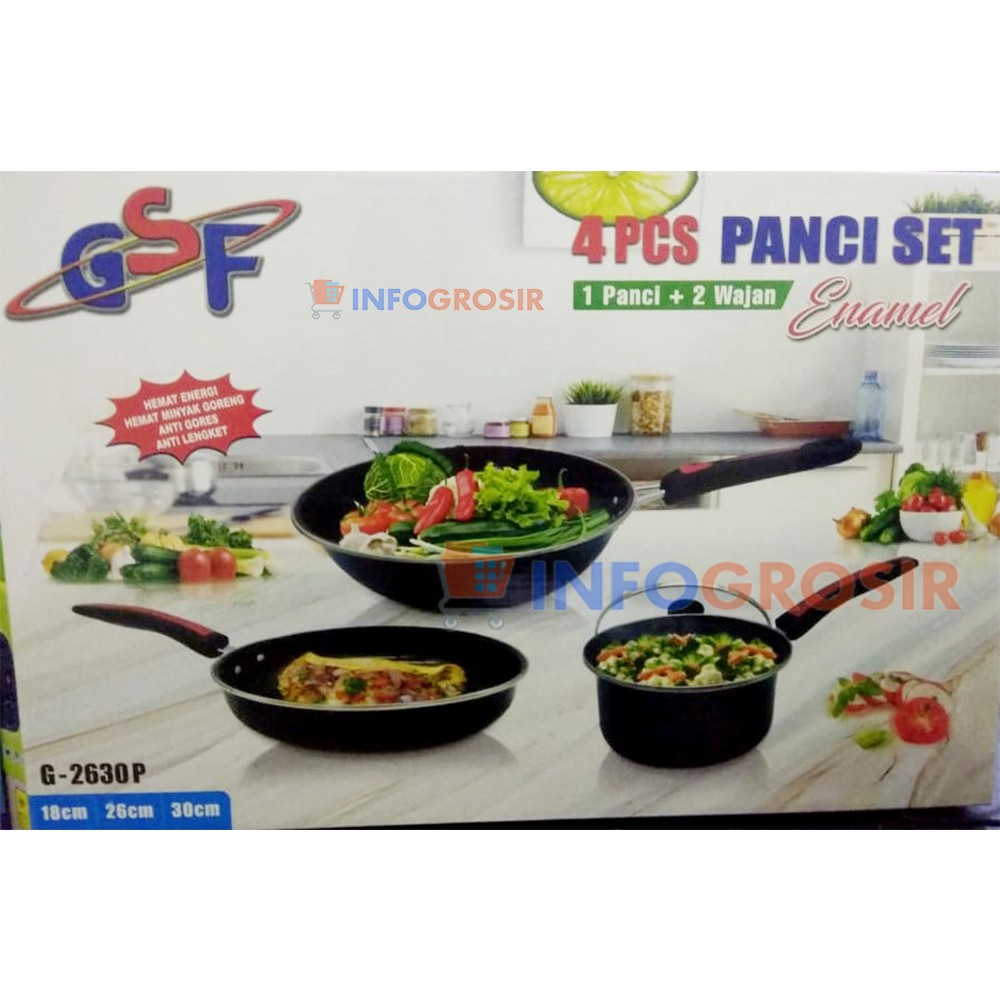 Panci Set Enamel GSF G-2630 Frypan Tutup kaca Wajan Wok Dan Saucepan