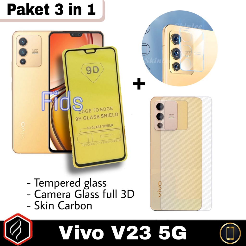 [PAKET HEMAT] 3in1 Vivo V23 5G Tempered Glass Anti Gores Layar Kaca Free Camera Glass &amp; Skin Carbon For V23 5G Paket 3 in 1