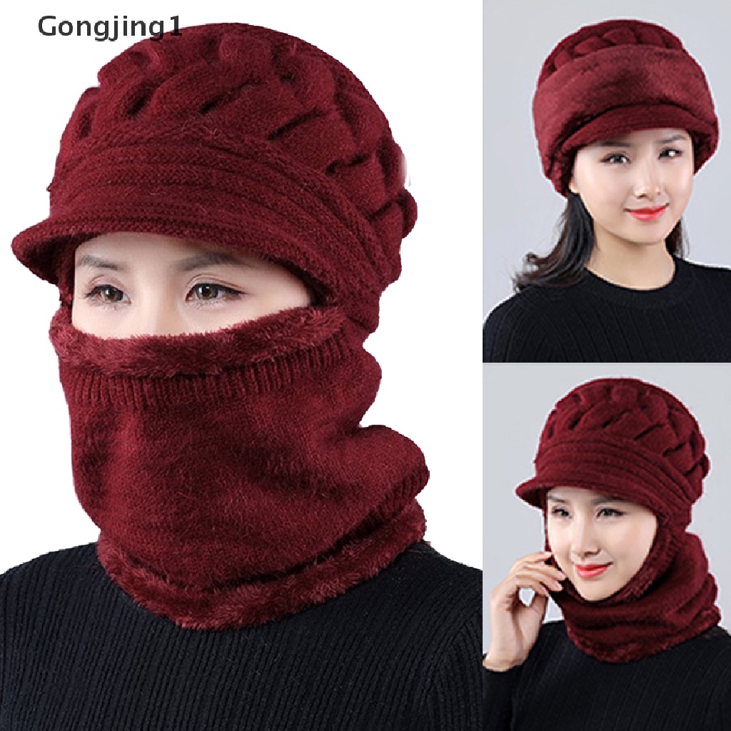 Gongjing1 Topi Kupluk + Syal Rajut Tebal Hangat Anti Angin Untuk Wanita / Musim Dingin / Bersepeda