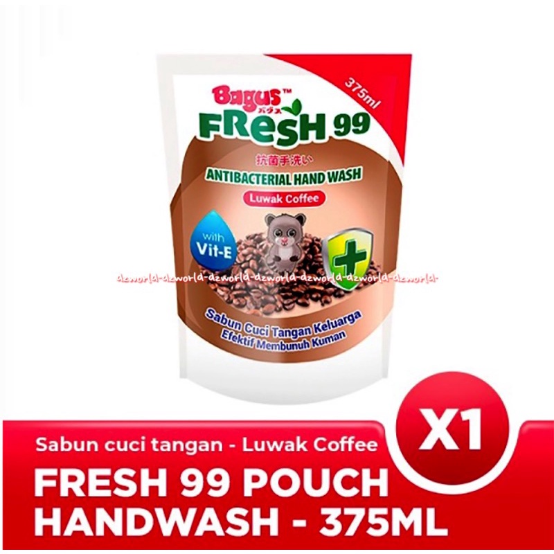 Bagus Fresh 99 Antibacterial Hand Wash 375ml Luwak Coffee Eucalyptus Sabun Cuci Tangan Keluarga Kuman Sabun Refill Isi Ulang Kemasan Pouch Bagus Fresh99 Wangi Kopi Minyak Kayu Putih