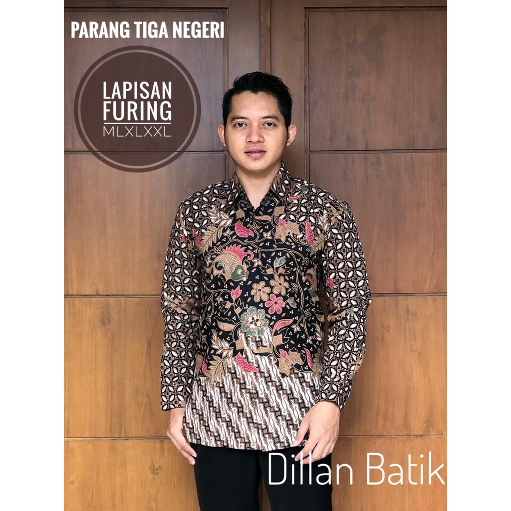 PARANG TIGA NEGERI DILLAN KEMEJA BAJU BATIK PRIA SOLO LENGAN PANJANG PENDEK LAPIS FURING ATASAN BATIK PREMIUM MODERN KATUN HALUS KAWUNG GURDO KAWUNG KUKILO KERIS PUSOKO KUKILO KEMBAR KURUSETRA MAHKOTA BIRU NAGA PUSPA NAKULA MADRA NARENDRA KUSUMA NAWASENA