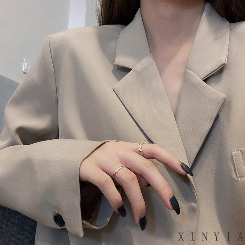 【Bayar di tempat】Korea Adjustable Cincin Model Terbuka Desain Kupu-Kupu Geometris Cross layer Ganda Aksen Mutiara Untuk Wanita Fashion Aksesoris