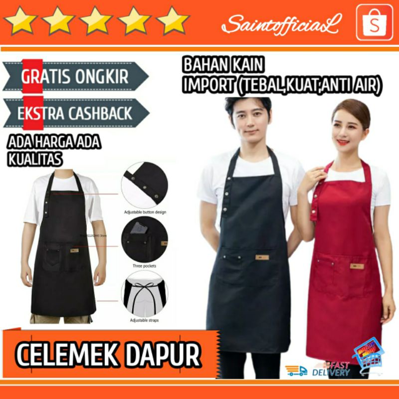 Celemek Apron Masak Dapur Barista Pria Wanita / Clemek Epron Kitchen Chef Cafe Kain Drill Anti air M