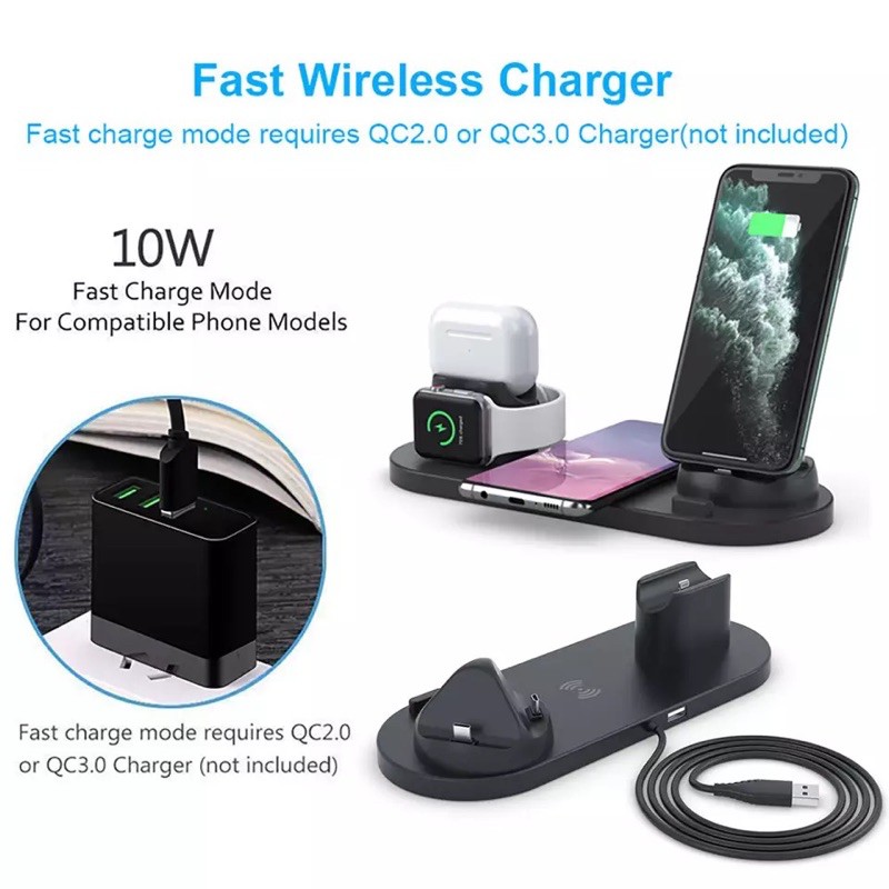 ELAVO 6 in 1 wireless charging Dock handphone 10W HP iphone 8 X XR XS 11 12 13 Pro max Mini  FAST Charging samsung s6 s7 s20 s10 note 8 9 10 apple watch 2 3 4 5 6 airpods 1 2 charger