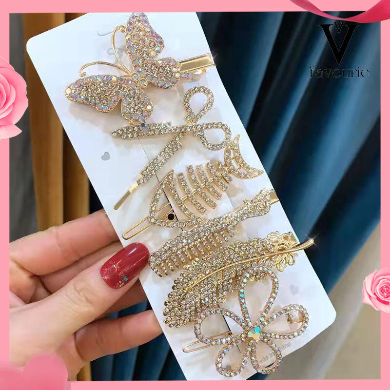 [COD]Fishbone Hairpin 6-Piece Set Aksesoris Rambut Vintage Set Dengan Diamond Pearl Edge Clip Bebek Paruh Clip-FA