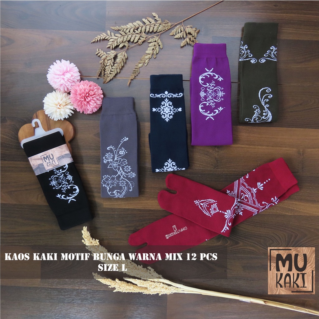 Paket Kaos Kaki Motif Bunga Warna Tua Ukuran L Isi 12 Pasang Murah Mukaki