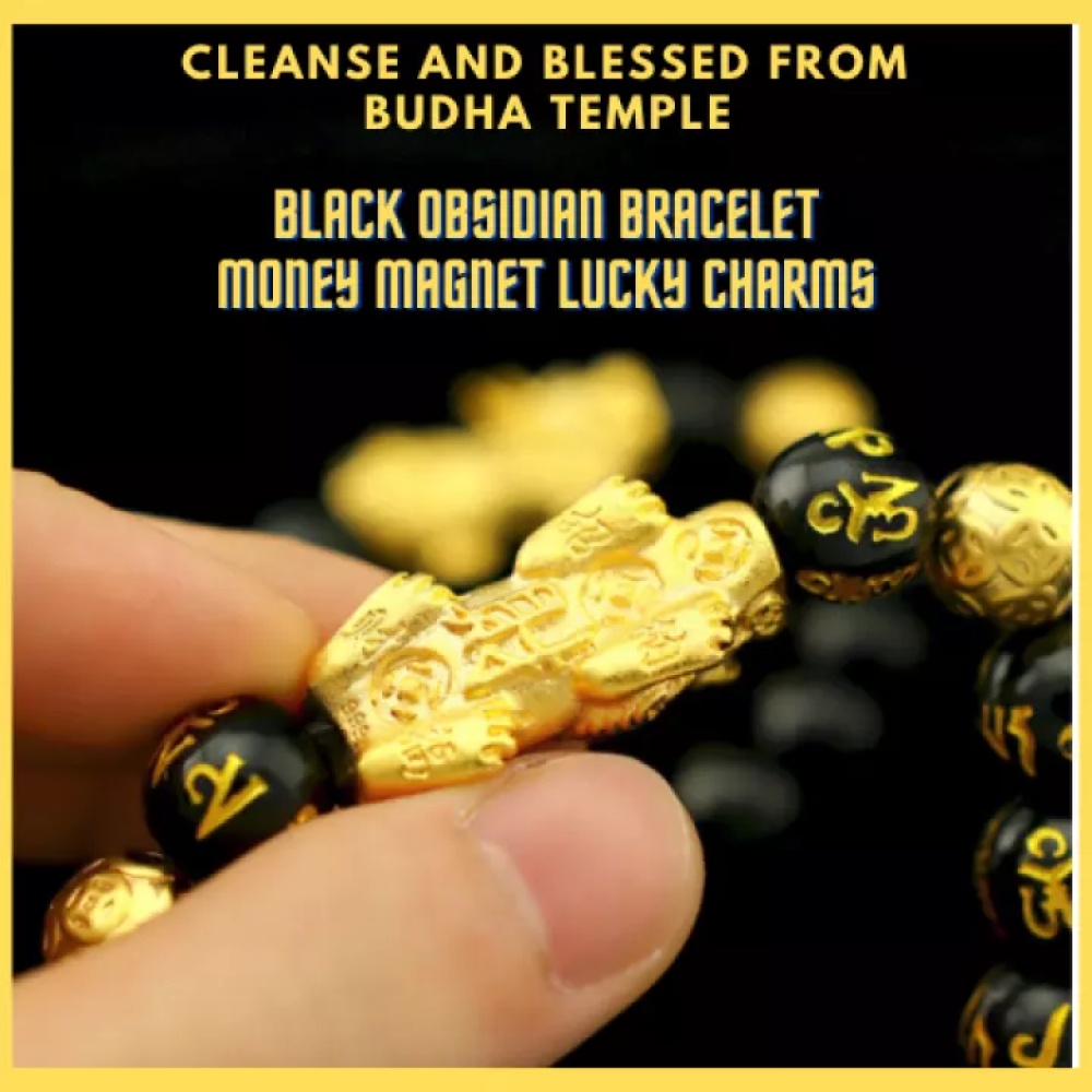 Piyao Gelang Magnet Obsidian Feng Shui Warna Hitam Emas Charm Uang Keberuntungan Charms