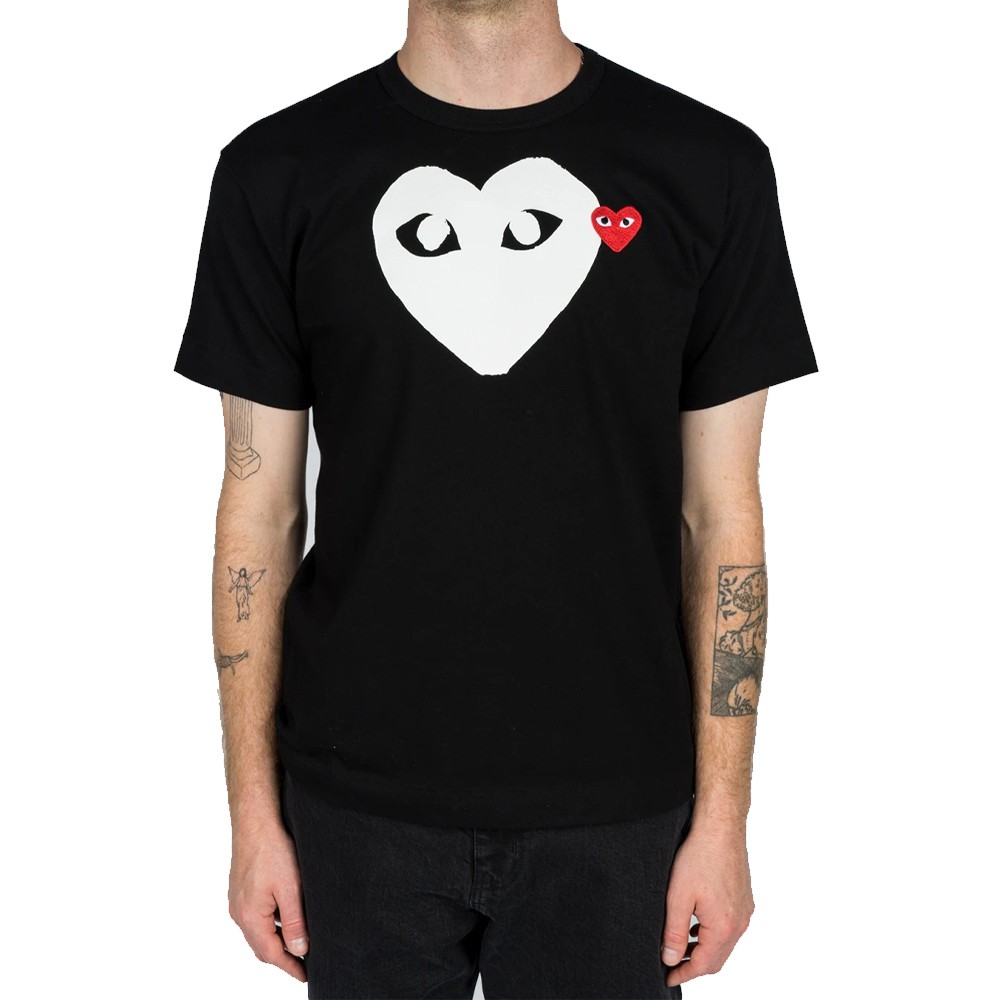 CDG Men Big White Heart Tee Black 100% Authentic