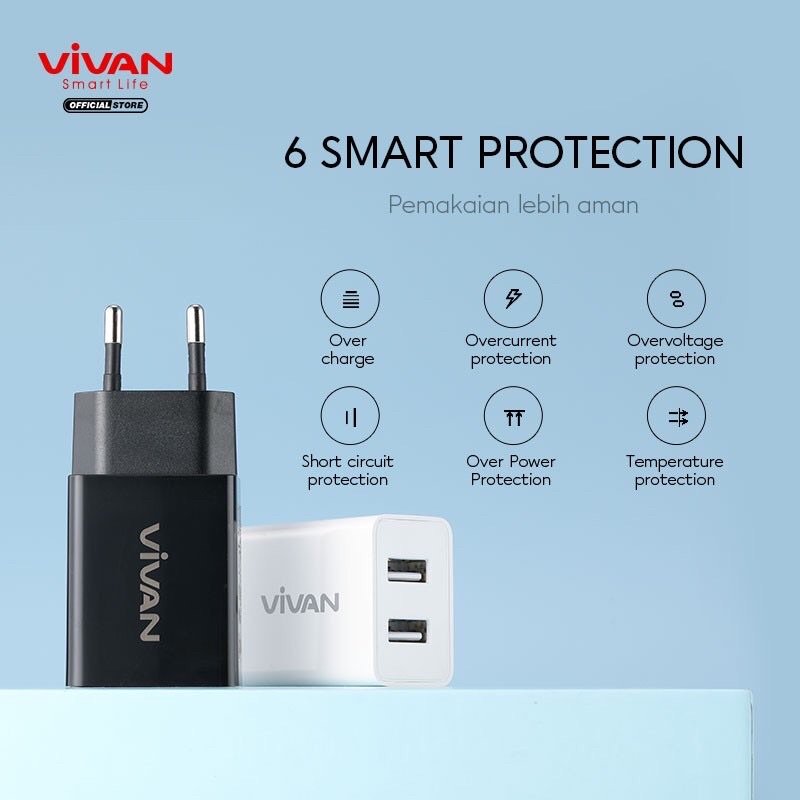 VIVAN Dual USB Charger 2.4A DD02 12W  with Charging Cable - Garansi Resmi 1 Tahun