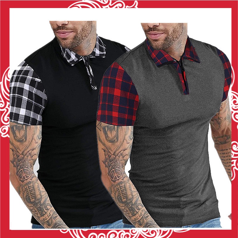 2022    Eropa  Amerika  Pria Polo Kemeja Kotak-kotak Jahitan Kerah Pria T-shirt Lengan Pendek