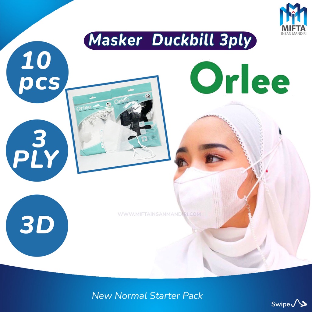 MASKER DUCKBILL 3PLY 3 PLY 3D HEADLOOP ORLEE HIJAB KEMENKES ISI 10PCS