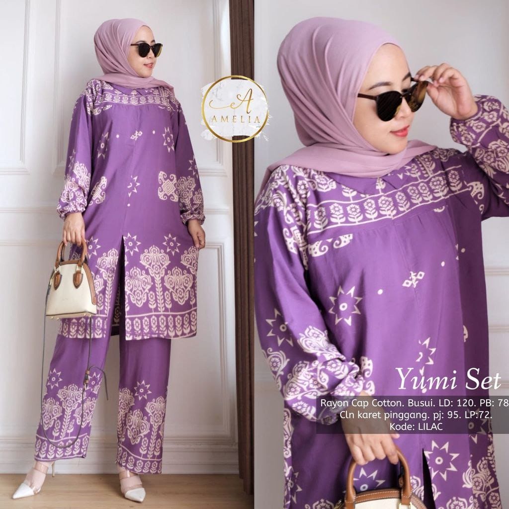 Setelan Rayon Yumi Set Long Tunik LD 120 Motif Batik Cap Print Soft Color Cotton Rayon Setelan Wanita Tiedye