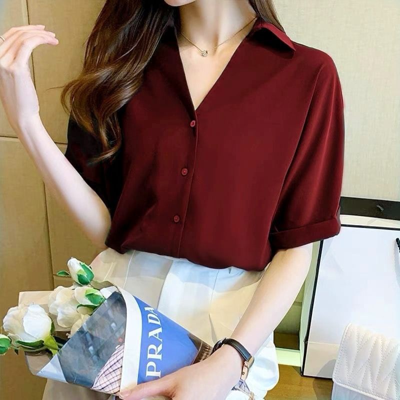 { THABI } JN KEM MOMO / KEMEJA PENDEK / BAJU ALA KOREA / PAKAIAN WANITA / BAJU WANITA / KEMEJA KANTO