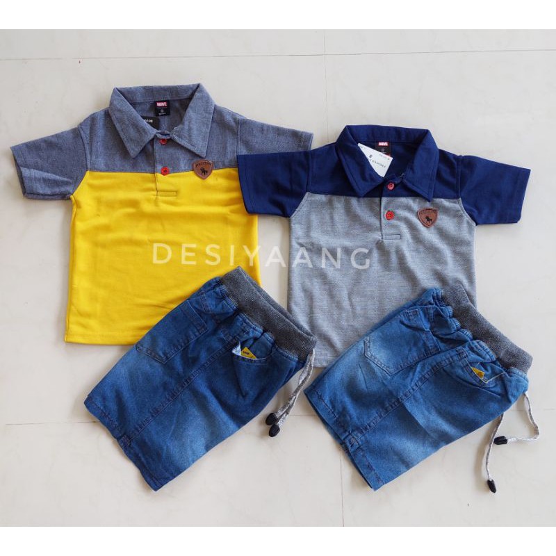 Setelan Baju Kerah PoLLo dan Celana Jins Premium size S M L Usia 1 2 3 4 5 Tahun