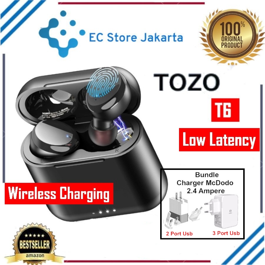 TOZO T6 True Wireless Earbuds Bluetooth Headphones Touch Control with Wireless Charging Case IPX8