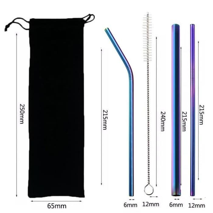 VOM-Set 5 Pcs Rainbow Stainless Straw Sedotan Premium Velvet Pouch 0523