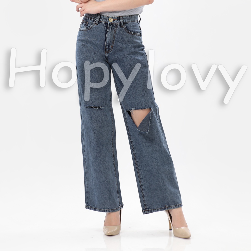 HOPYLOVY - Celana Kulot Jeans Wanita Sobek Destroy Lutut Nessa