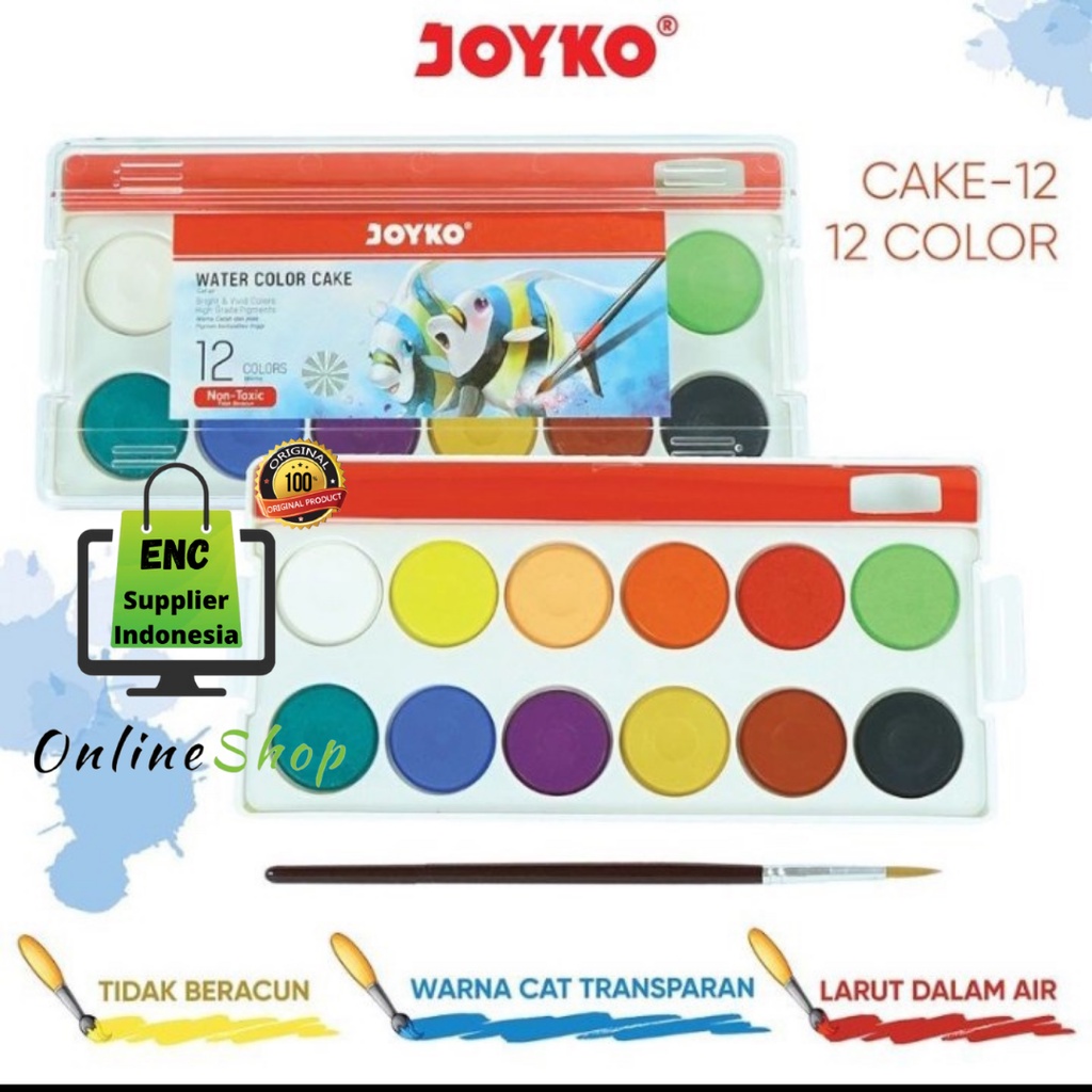 

joyko 12 w JOYKO cat air 12 warna joyko paint mini cake water colour 12w titi solid padat kuas per set - enc.sup