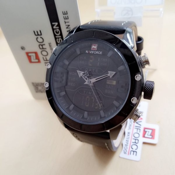 jam tangan pria naviforce 9153 original tali kulit dual time