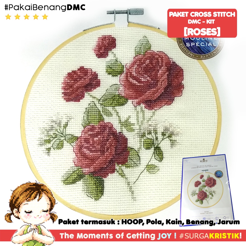 Paket DIY Craft Sulam Kristik Strimin DMC BK1935 - Roses Bunga Mawar