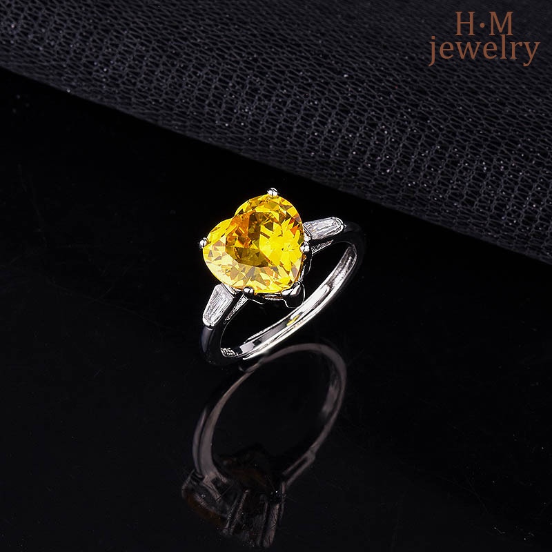 Cincin Model Terbuka Bentuk Hati Aksen Berlian Kuning Bahan S925 Silver