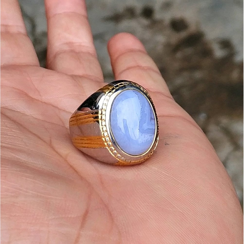 CINCIN BATU AKIK NATURAL BLUE LACE AGATE TITANIUM MINIMALIS